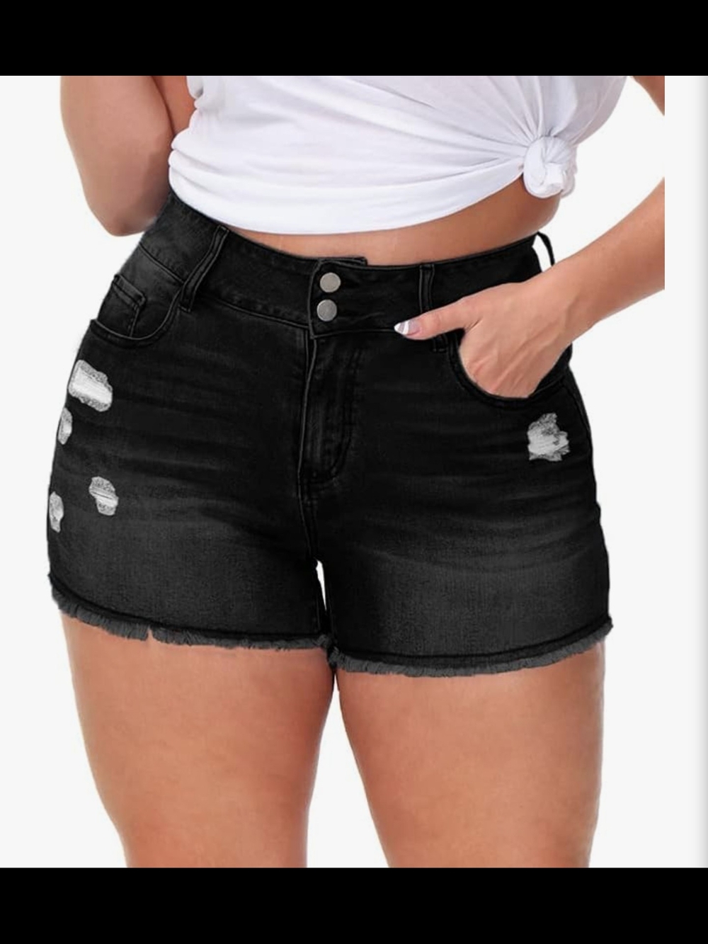 High-Rise Black Distressed Denim Shorts